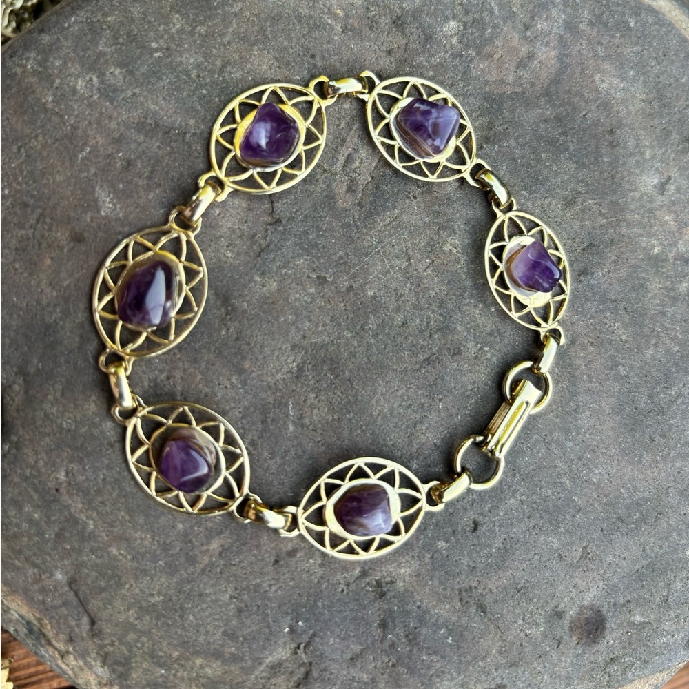 Amethyst bracelet, Amethyst nuggets, Gold and Purple Gemstone Bracelet, Vintage
